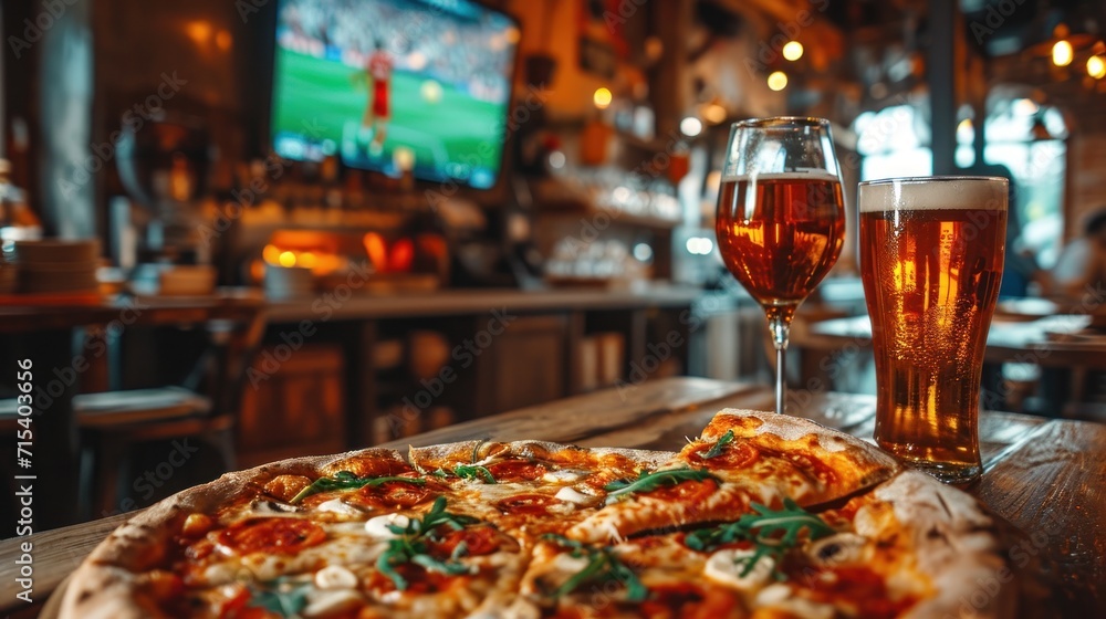 Pizza Aficionados Snacking while Watching Soccer on TV in a Restaurant. Generative Ai. - obrazy, fototapety, plakaty 