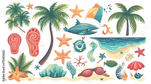 Retro summer, beach and ocean vector design elements on white background