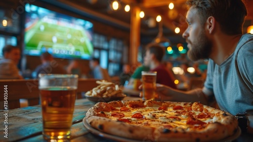 Pizza Aficionados Snacking while Watching Soccer on TV in a Restaurant. Generative Ai.