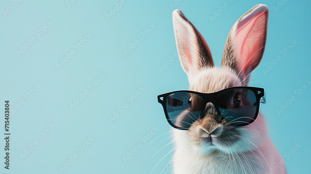 sweet easter bunny  wearing black sunglasses, on blue background, with empty copy space