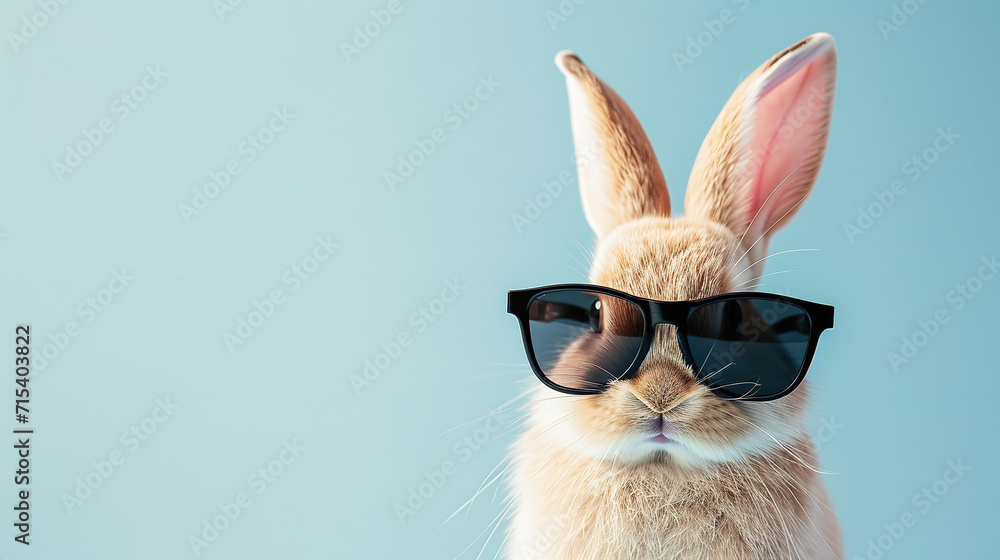 sweet easter bunny  wearing black sunglasses, on blue background, with empty copy space - obrazy, fototapety, plakaty 