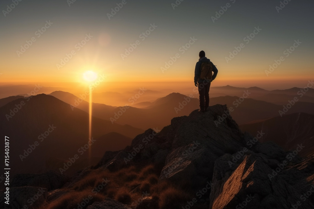 Silhouette of a person at the top mountain peak at sunset.