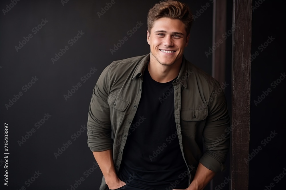 Portrait of a handsome young man smiling at the camera. Studio shot.