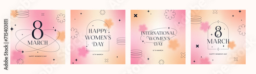 8 March. International Women's Day banner, set greeting card. Trendy gradients, blurry shapes, typography, y2k, linear forms. Minimalist vector design for party, ads, cover, social media templates.