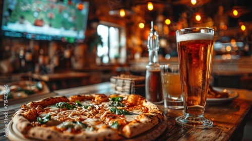 Pizza Aficionados Snacking while Watching Soccer on TV in a Restaurant. Generative Ai.