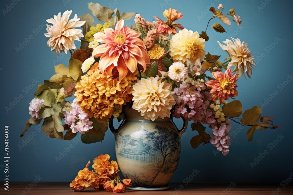  a vase filled with lots of flowers sitting on top of a wooden table on top of a wooden table next to a blue wall.