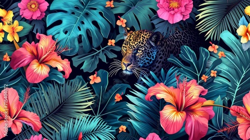 Tropical exotic pattern with animal and flowers in bright colors and lush vegetation photo