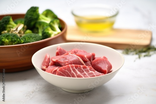 raw sliced beef and fresh broccoli next to a marinade bowl