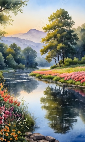 a painting of a river with flowers and trees in the background and a mountain range