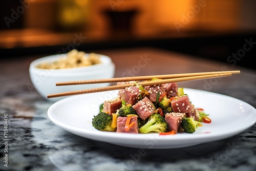 beef and broccoli with sesame seeds garnish and chopsticks