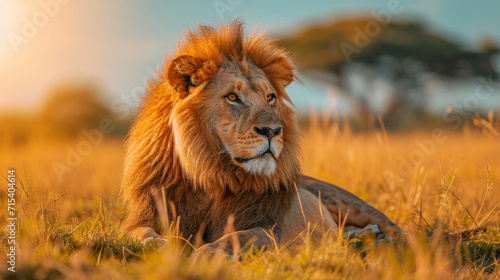 Male lion sitting in African savannah grassland as powerful animal
