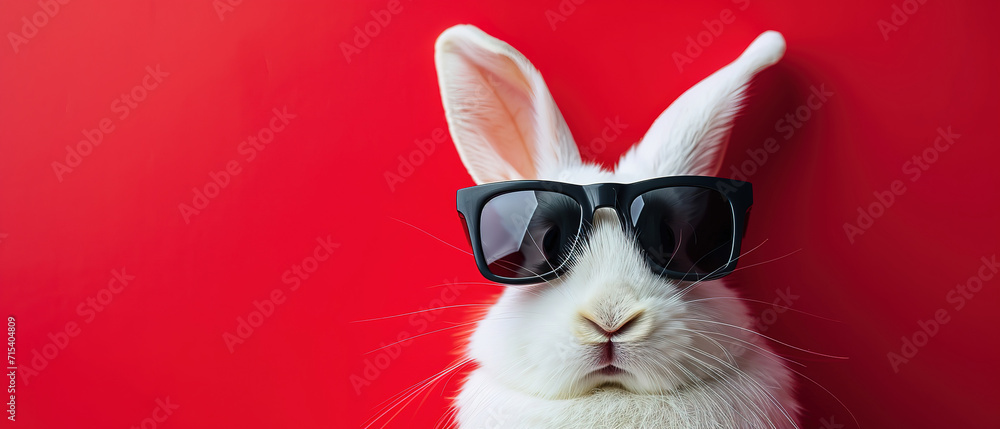 sweet easter bunny  wearing black sunglasses, on red background, with empty copy space