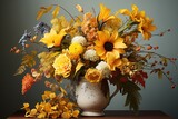  a vase filled with lots of yellow flowers on top of a table next to a vase filled with yellow and white flowers.