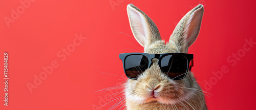 sweet easter bunny  wearing black sunglasses, on red background, with empty copy space photo