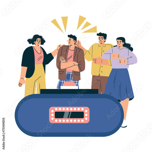 Quiz Game with Young Man and Woman Participant at Button Stand Vector Illustration