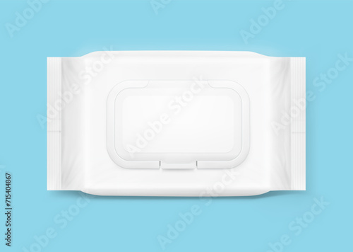 Wet wipes flow package mockup. Flat lay view. Realistic vector illustration isolated on blue background. Easy to use for presentation your product, idea, design. EPS10.
