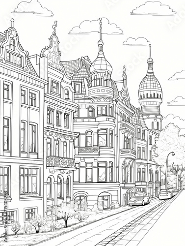 Berlin Houses Coloring Page  A Drawing Of A Street With Buildings And Cars