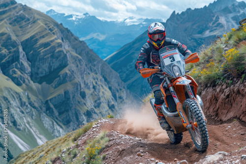 An equipped motorcyclist makes a race in a mountainous landscape. The concept of motorsport © Александр Лобач