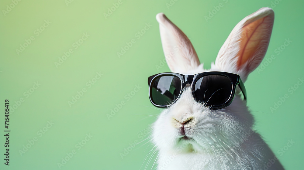 sweet easter bunny  wearing black sunglasses, on green background, with empty copy space