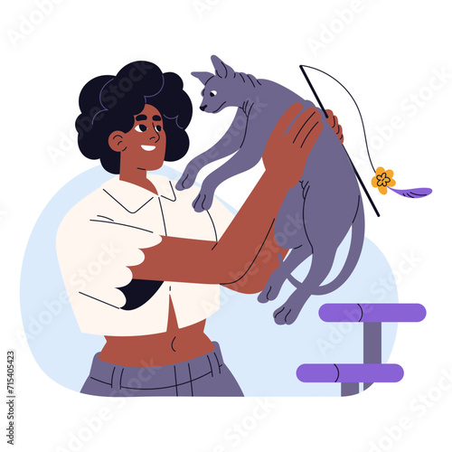 Young woman holds adorable naked cat. Owner plays with her hairless kitten. Girl entertains bald kitty. Happy pet lover hugs canadian sphynx. Flat isolated vector illustration on white background