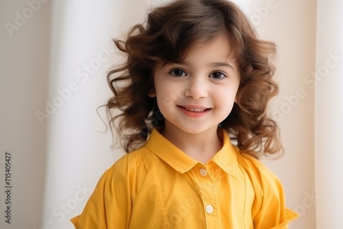 Portrait of a cute little girl with curly hair, smiling.