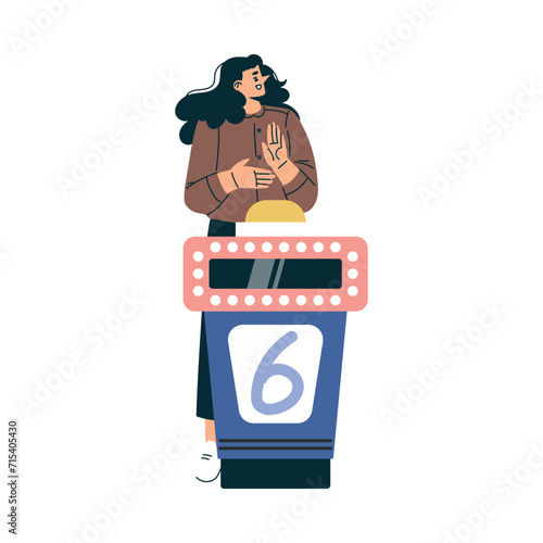 Quiz Game with Young Woman Participant at Button Stand Vector Illustration