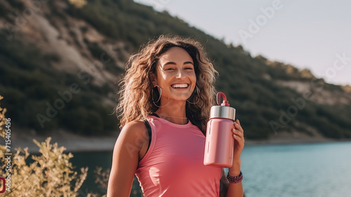 Female Tourist using a reusable water bottle, sustainable tourism concept. AI Generated.