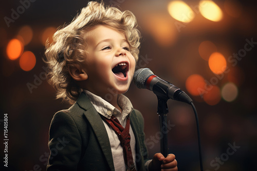 Little boy singing on the microphone on stage