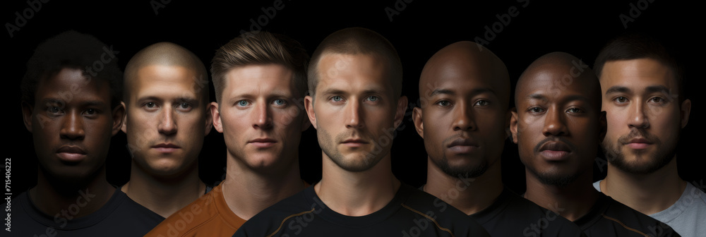Young men of different races stand in a row. Horizontal banner Young men of different races stand in a row. Horizontal banner