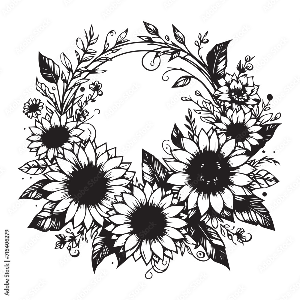 sunflower floral vector frame style and circle style vector illustration black and white for graphic design spring season special 