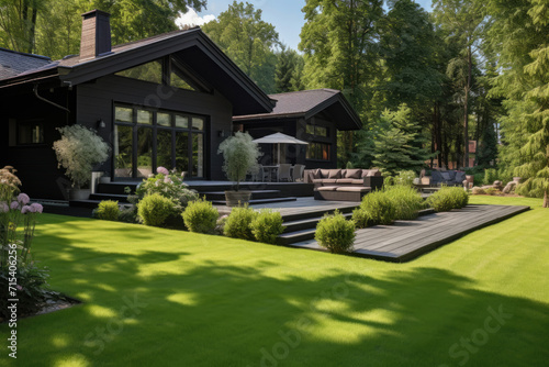 Lawn on the backyard of a private house, landscape design