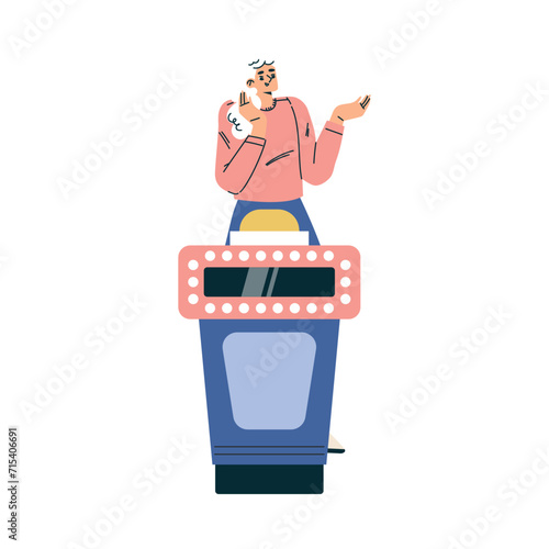 Quiz Game with Young Woman Participant at Button Stand Vector Illustration