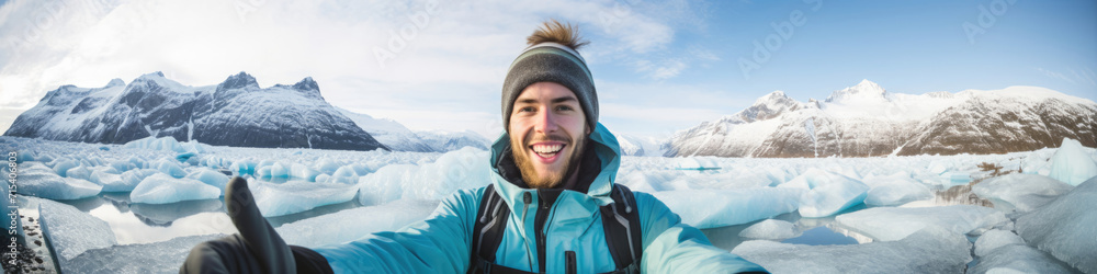 Traveler taking selfie in front of A breathtaking glacier hike, surrounded by icy wonders Traveler taking selfie in front of A breathtaking glacier hike, surrounded by icy wonders