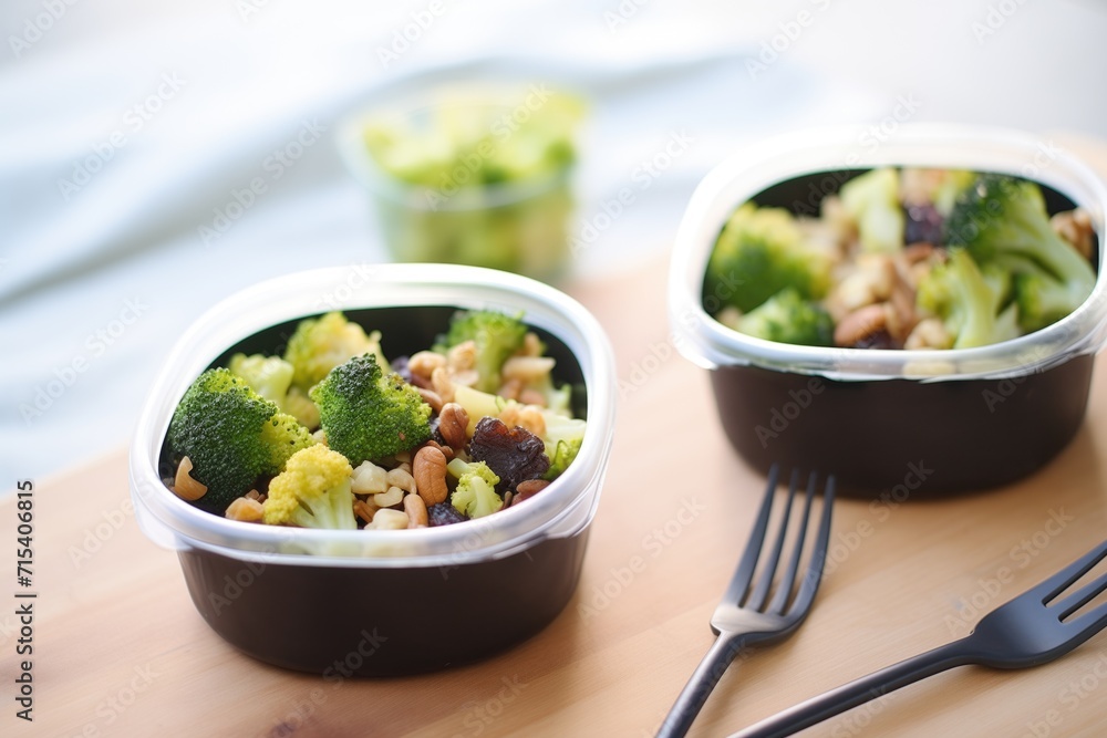 duo of broccoli raisin salads in his and hers containers duo of broccoli raisin salads in his and hers containers
