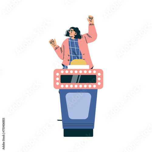 Quiz Game with Young Woman Participant at Button Stand Vector Illustration photo