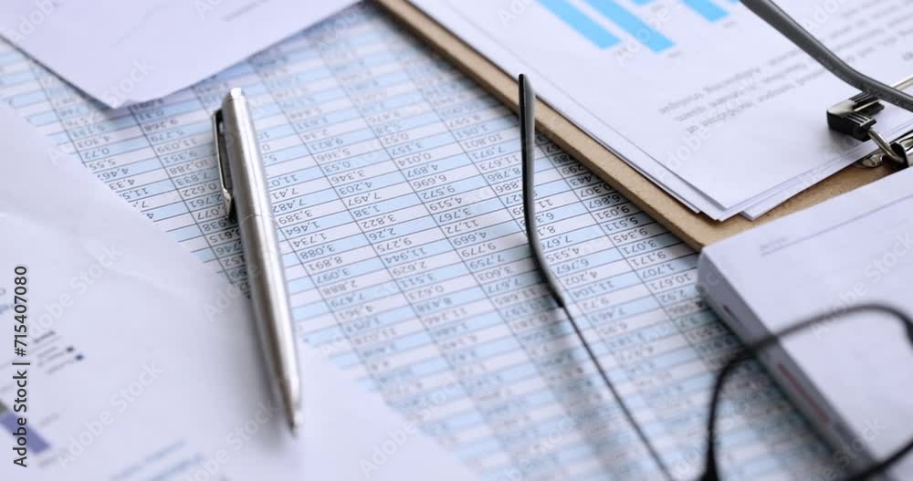 Ballpoint pen and glasses lying on documents with graphs and numbers closeup 4k movie slow motion. Doing business concept Ballpoint pen and glasses lying on documents with graphs and numbers closeup 4k movie slow motion. Doing business concept
