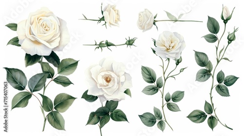Set of watercolor on floral white rose branches. Wedding concept a white background #715407063