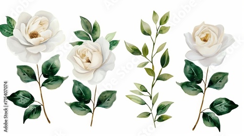 Fototapeta Naklejka Na Ścianę i Meble -  Set of watercolor on floral white rose branches. Wedding concept a white background