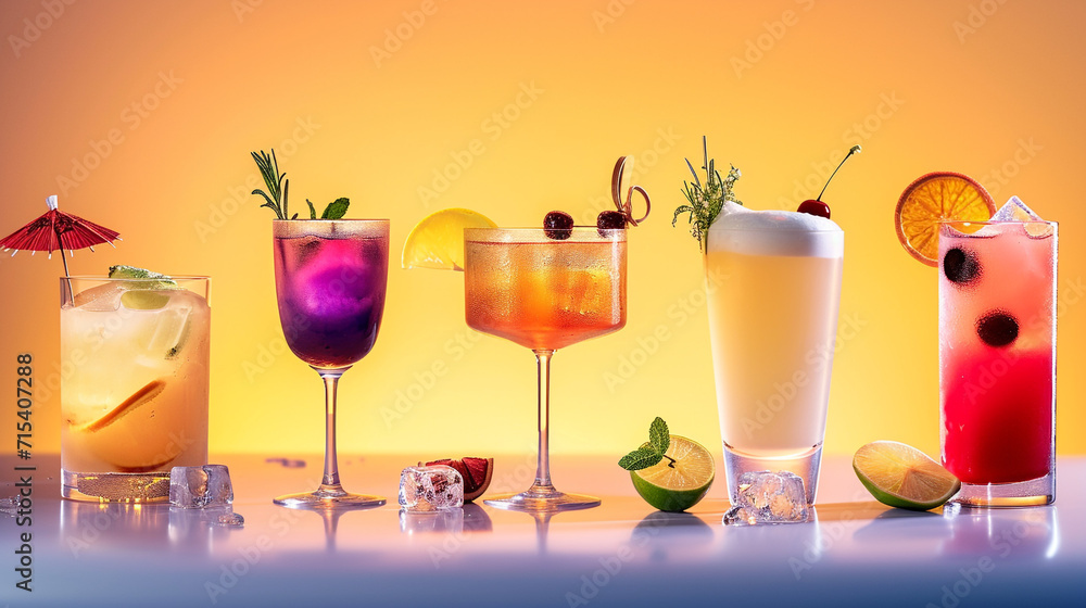 Cocktails in a studio setting are a mixture of aesthetic appeal and taste, with vibrant colors of the drink. The decor is minimalistic, elegant background, and alcoholic drinks. Professionalism.