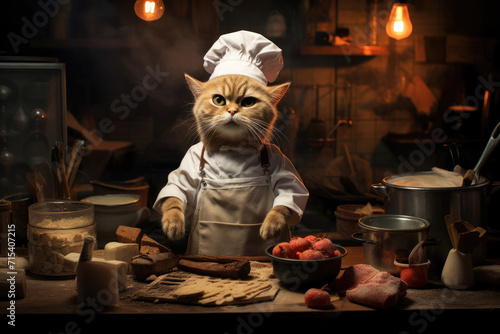 Funny cat chef in the kitchen