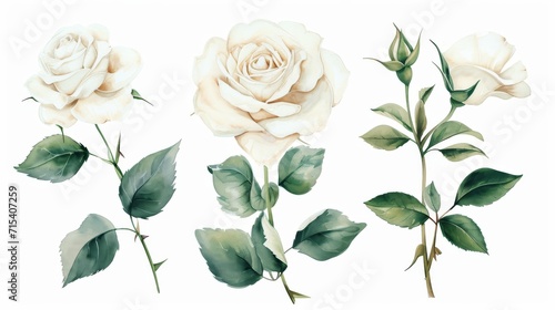 Set of watercolor on floral white rose branches. Wedding concept a white background #715407259