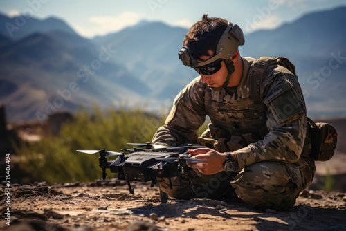 Soldier operator of a military drone launches a drone for reconnaissance of enemy territory