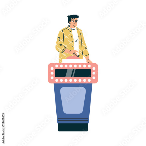 Quiz Game with Young Man Participant at Button Stand Vector Illustration