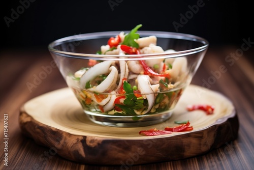 marinated calamari with chili and garlic in glass bowl