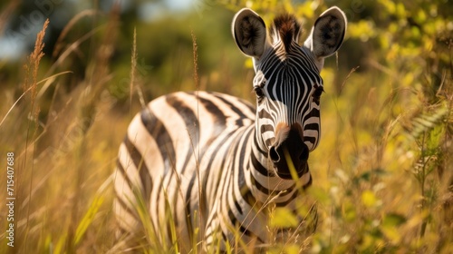  a close up of a zebra in a field of tall grass with trees in the back ground and bushes in the foreground.