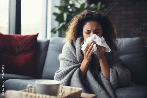 Young woman blowing her nose, feeling sick