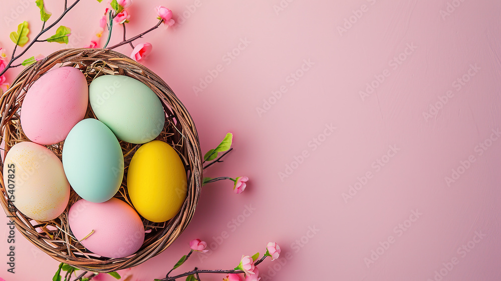 colorful Easter eggs in the basket, on a light pink background with empty copy space