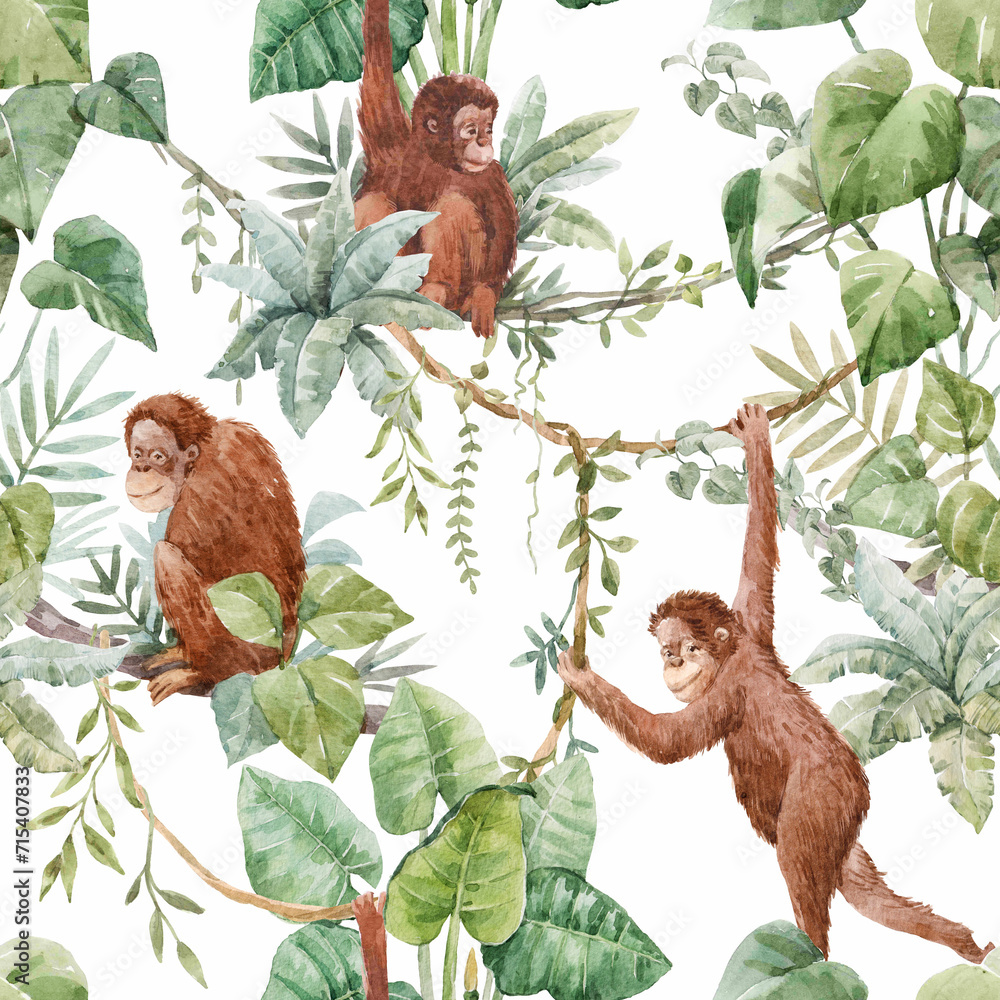 Obraz premium Beautiful seamless tropical pattern with hand drawn red haired orangutans in jungle plants and palm tree leaves. Stock design for wrapping, wallpapers and textile.