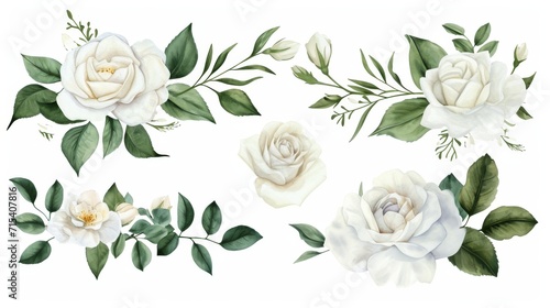 Set of watercolor on floral white rose branches. Wedding concept a white background photo