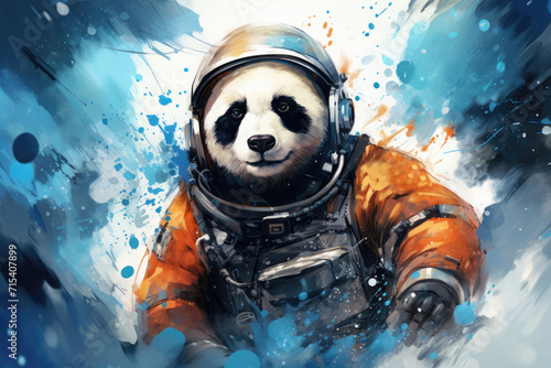 Cute panda astronaut in space in watercolor style